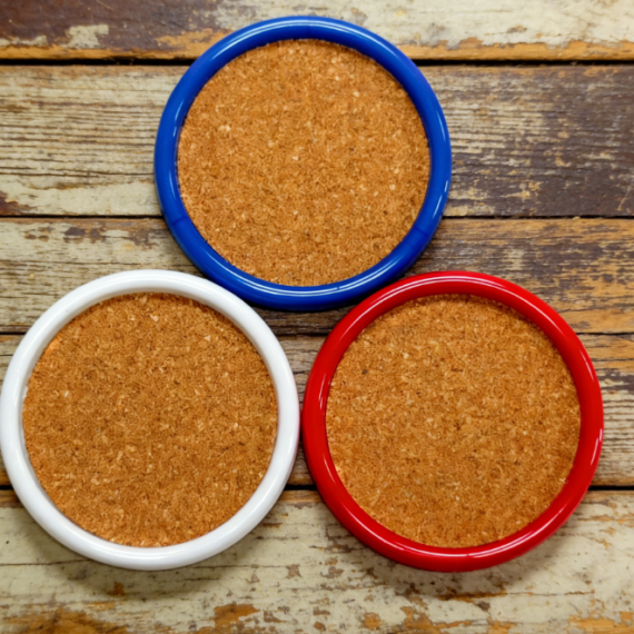 Basic Cork Coaster Set, 4-Pack, plastic frame design, 4-inch round, random colors