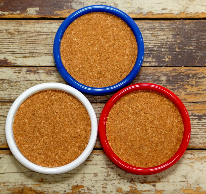 Basic Cork Coaster Set, 4-Pack, plastic frame design, 4-inch round, random colors