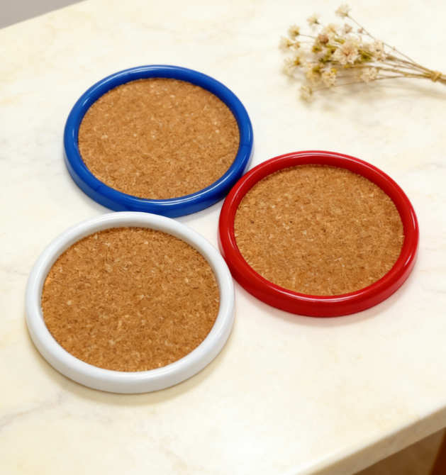 Basic Cork Coaster Set, 4-Pack, plastic frame design, 4-inch round, random colors - Image 2