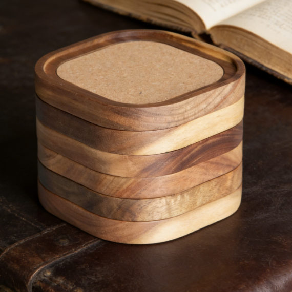 Acacia Wood Coasters, 6-Pack, 4.13 inches, wooden frame with absorbent cork core, stackable design