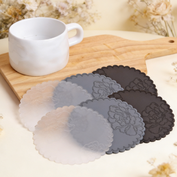 Silicone coaster set of 6, featuring a rose pattern design, heat-resistant and non-slip, suitable for office and kitchen use.