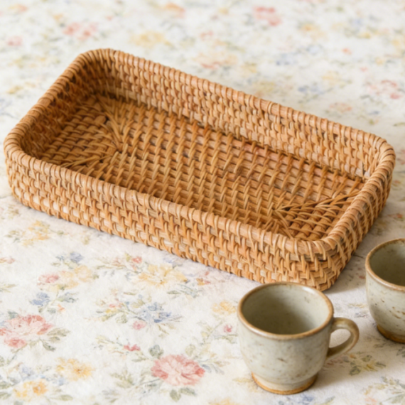 Natural Rattan Small Storage Tray | Handwoven Decorative Tray | Key, Jewelry, and Cosmetics Desktop Organizer Tray