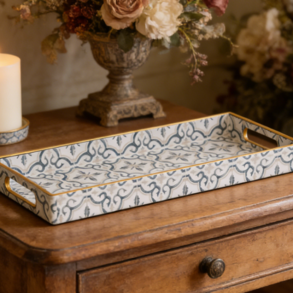 Rectangular Plastic Decorative Tray | Serving Tray with Handle | Bathroom and Kitchen Countertop Storage Tray