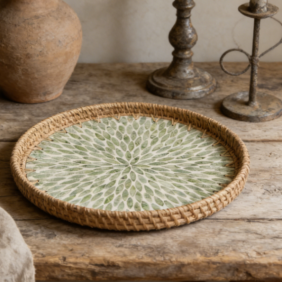 Rattan Round Decorative Tray | Shell Inlay Design | Woven Tray for Coffee, Fruit, and Bread Display