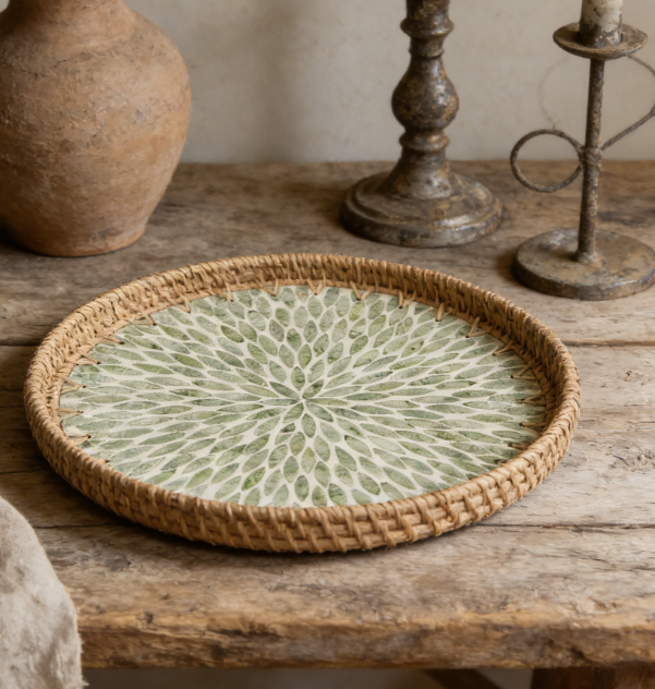 Rattan Round Decorative Tray | Shell Inlay Design | Woven Tray for Coffee, Fruit, and Bread Display