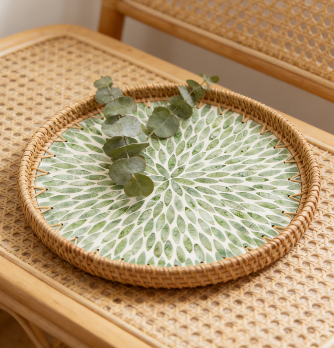 Rattan Round Decorative Tray | Shell Inlay Design | Woven Tray for Coffee, Fruit, and Bread Display - Image 2