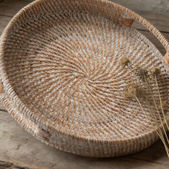 Round Rattan Serving Tray | Decorative Tray with Handle | For Coffee Table and Living Room Display