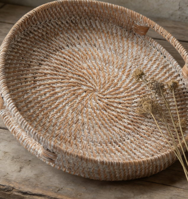 Round Rattan Serving Tray | Decorative Tray with Handle | For Coffee Table and Living Room Display