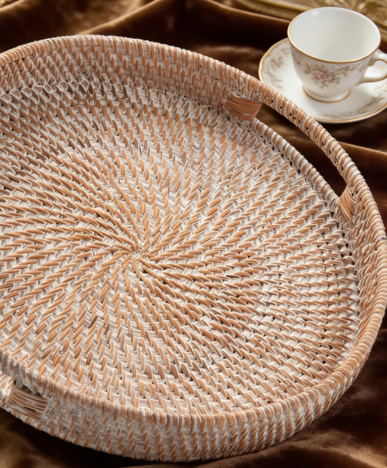 Round Rattan Serving Tray | Decorative Tray with Handle | For Coffee Table and Living Room Display - Image 2