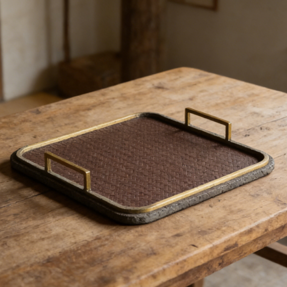 Faux Leather Decorative Tray | Woven Texture Design | Coffee Table and Vanity Storage Tray