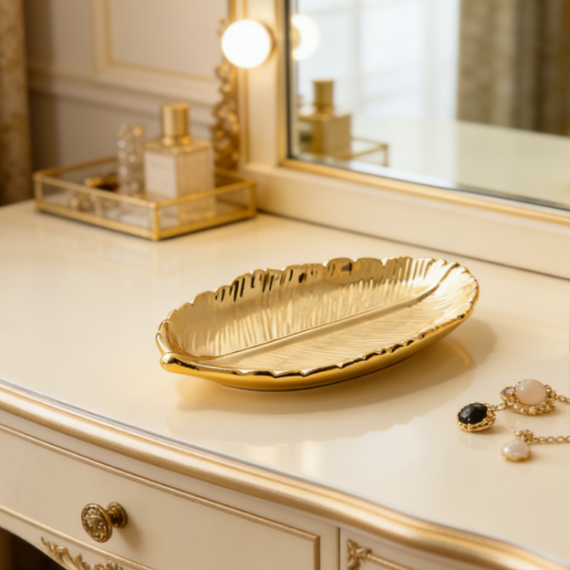 Gold Ceramic Leaf-Shaped Jewelry Tray | Ring and Necklace Storage Tray | Wedding Gift Decorative Tray