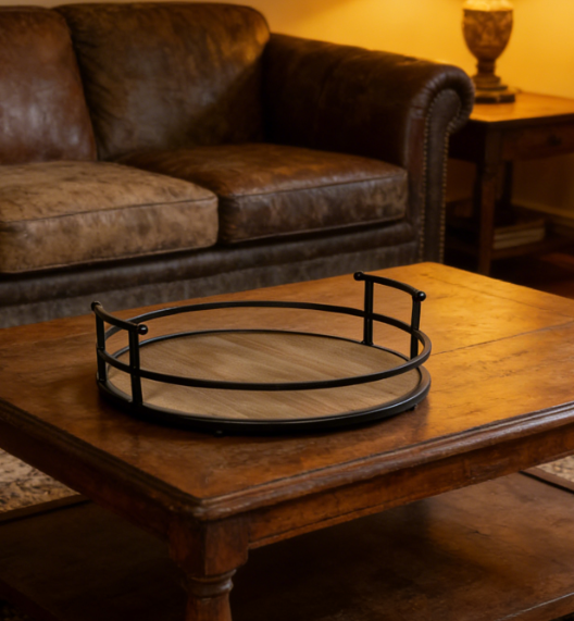Metal and Wood Round Decorative Tray | Coffee Table Serving Tray | Storage Tray with Handle