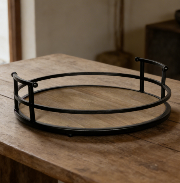 Metal and Wood Round Decorative Tray | Coffee Table Serving Tray | Storage Tray with Handle - Image 2