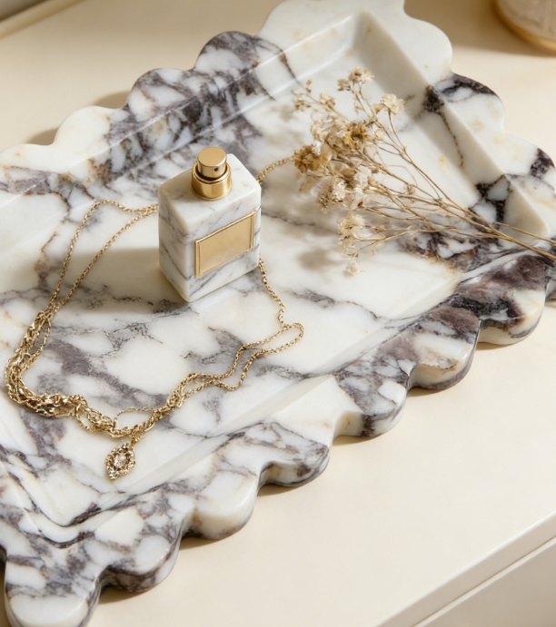 Natural Marble Decorative Tray | Wavy Edge Bathroom Tray | Vanity Table and Kitchen Storage Tray - Image 2