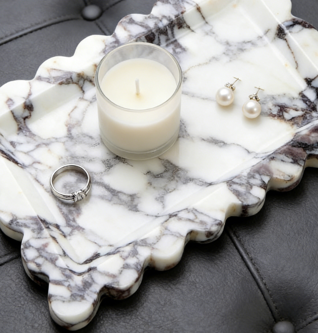 Natural Marble Decorative Tray | Wavy Edge Bathroom Tray | Vanity Table and Kitchen Storage Tray