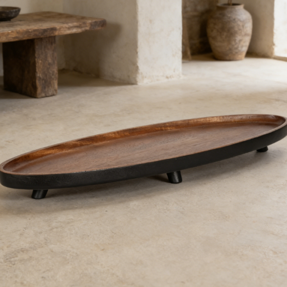 Oval Solid Wood Decorative Tray | Tray with Base Design | For Coffee Table and Home Decor