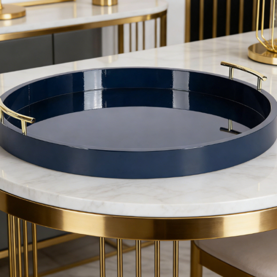 Large Round Decorative Tray | Ottoman Footstool Coffee Table Tray | Living Room Serving Tray