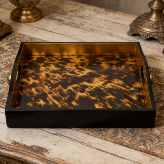Square Lacquered Decorative Tray | Handmade Wooden Serving Tray | For Home and Bar Use