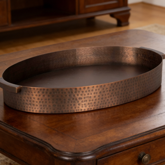 Oval Metal Decorative Tray | Hammered Surface Design | Entryway and Coffee Table Serving Tray