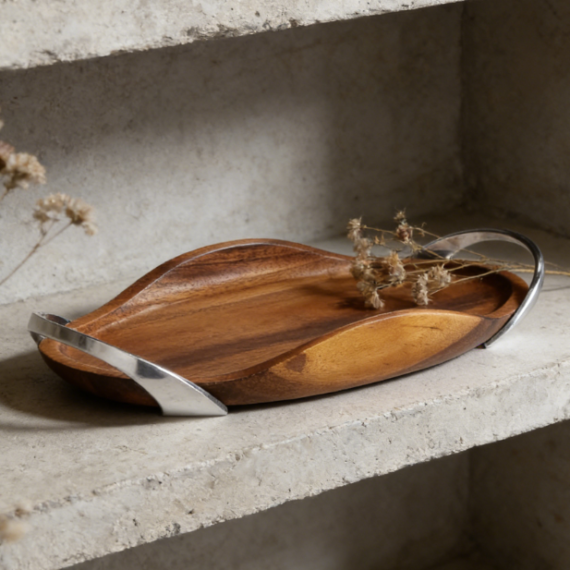 Acacia Wood Serving Tray with Handle | Streamlined Design | Dining Table and Kitchen Decorative Tray