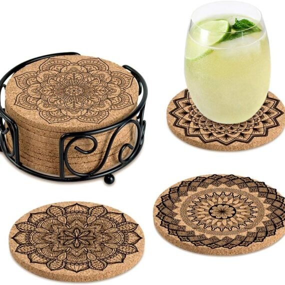 Absorbent Cork Coaster Set with Storage Rack, suitable as a housewarming or new home gift, living room tabletop decoration
