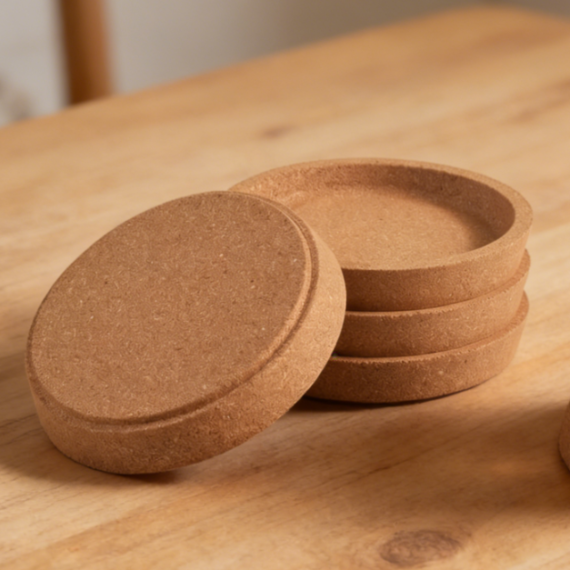 Thickened Cork Coasters, 4-Pack, absorbent and moisture-proof design with raised edges, stackable and reusable