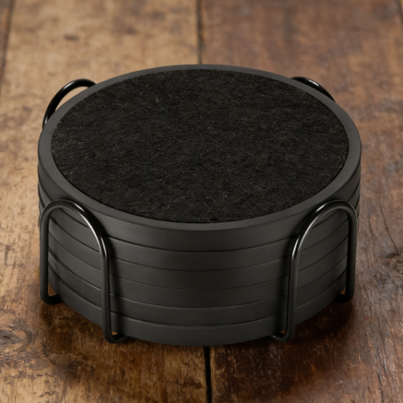 Absorbent Coaster Set, 6-Pack, silicone outer ring with felt inner pad, includes storage rack, suitable for hot and cold drinks
